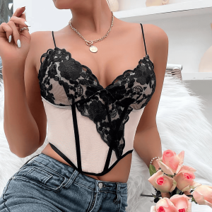 Sexy Premium Lace Pleated Wood Ear Ribbed Fish Bone Tank Top