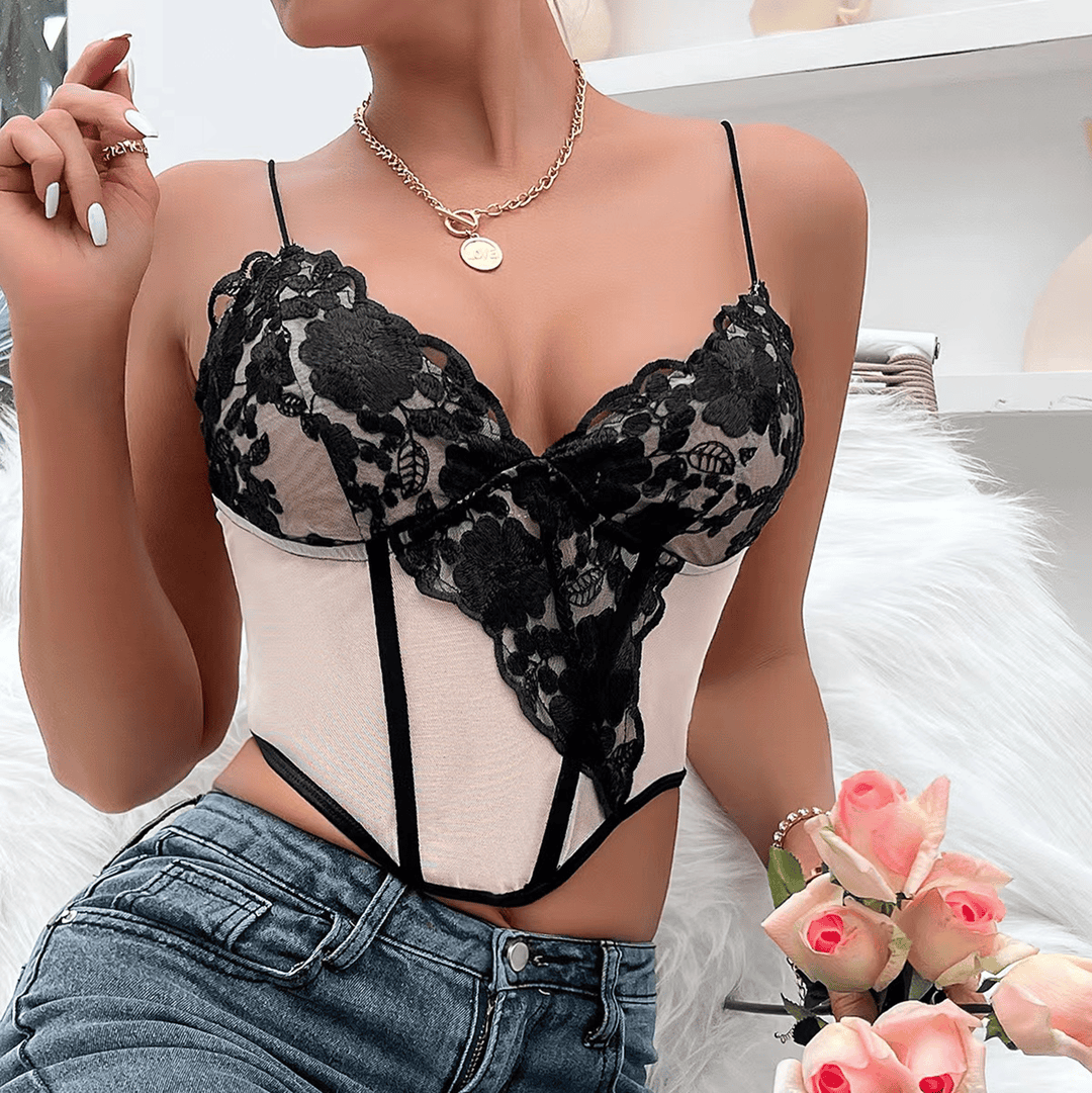 Sexy Premium Lace Pleated Wood Ear Ribbed Fish Bone Tank Top