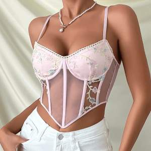 SHIMMER SWEETHEART SHEER SEQUIN LACE CROP CORSET TOP - BURGUNDY