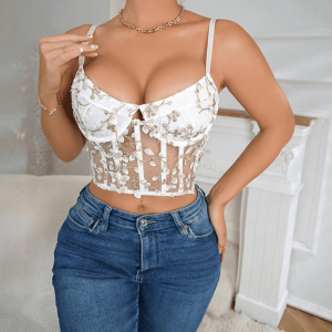 Sexy slight stretch mesh lace hollow vest Wholesale